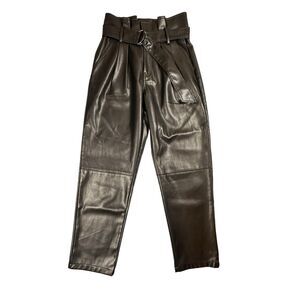 Elan Women's Faux Leather‎ Pants M High Waisted Belted Cropped 2 Pockets Black